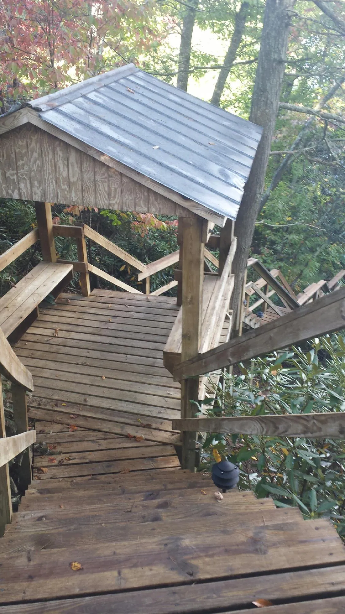 Metal roofed shelter over wooden steps on a wooded walkway — Skylight Repair & Installation work by our crew in Naples